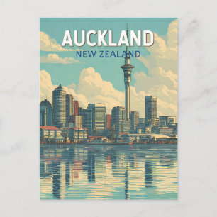 Auckland New Zealand Illustration Travel Art Retro Postcard