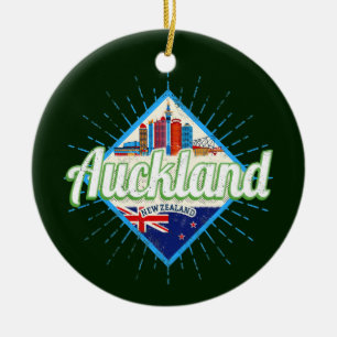 Auckland New Zealand retro skyline vintage Ceramic Tree Decoration