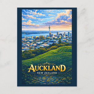 Auckland New Zealand Skyline Illustration Travel Postcard