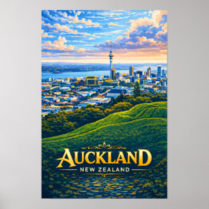 Auckland New Zealand Skyline Illustration Travel Poster