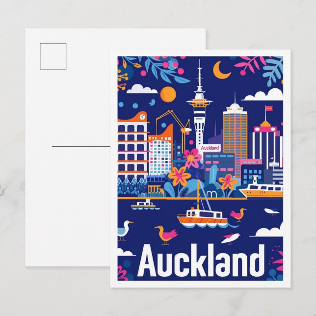 Auckland New Zealand Vintage Travel Illustration Postcard (Front/Back)