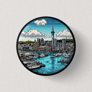 Auckland Skyline Featuring Harbour and Yachts 3 Cm Round Badge