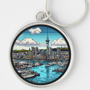 Auckland Skyline Featuring Harbour and Yachts Key Ring