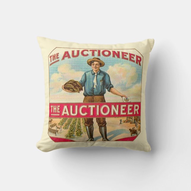 Auctioneer Vintage Cigar Label Auction Cushion (Front)