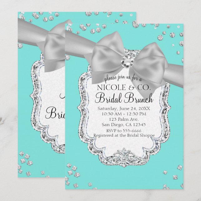Audrey Blue Big White Bow Diamonds Bridal Shower Invitation (Front/Back)