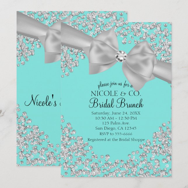 Audrey Blue Big White Bow Diamonds Bridal Shower Invitation (Front/Back)