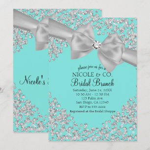 Audrey Blue Big White Bow Diamonds Bridal Shower Invitation