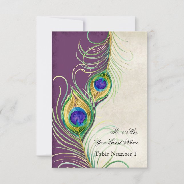 Audrey Jeanne Peacock Feather Purple Damask Escort Invitation (Front)