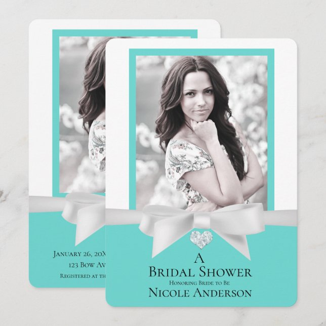 Audrey Teal White Bow Modern Bridal Shower Photo Invitation (Front/Back)