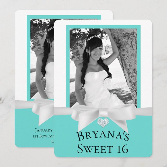 Audrey Teal White Bow Modern Sweet 16 Photo Invitation (Front/Back)