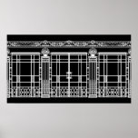 AUDREY'S ART DECO IRONWORK: WHITE on BLACK Poster<br><div class="desc">Audrey's Ironwork is the wrought iron fence and gate design from the background of our Art Deco fashion design "Audrey." The ironwork composition was created using several photos of French Art Deco ironwork pieces - fences, gates, columns, plus a stonework design from the upper edge of a building. Beautiful architectural...</div>