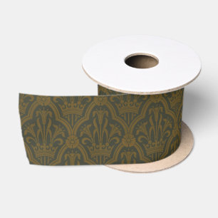 Audsley Vintage Gold Lily Crown Green Damask Art Satin Ribbon