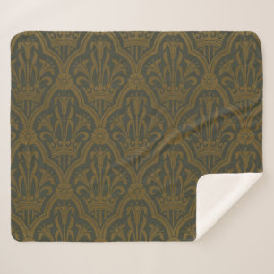Audsley Vintage Gold Lily Crown Green Damask Art Sherpa Blanket