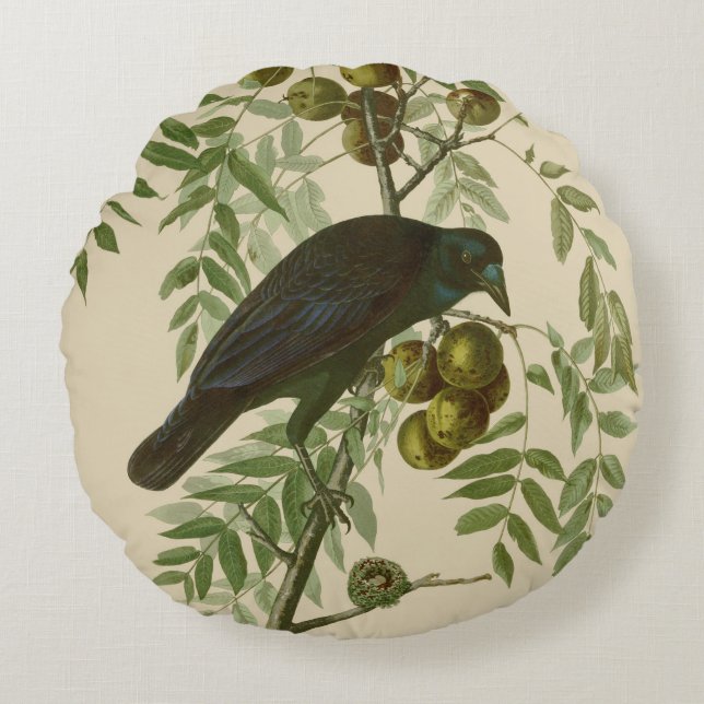 Audubon American Crow Black Bird Round Cushion (Front)