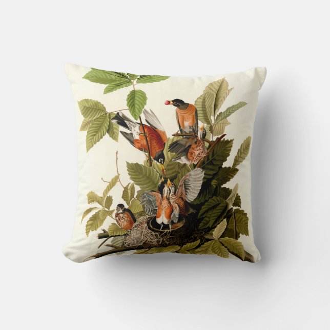 Audubon American Robin Wildlife Bird Illustration Cushion (Front)