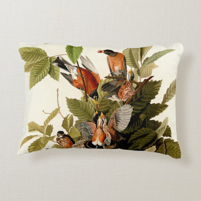 Audubon American Robin Wildlife Bird Illustration Decorative Cushion (Back)