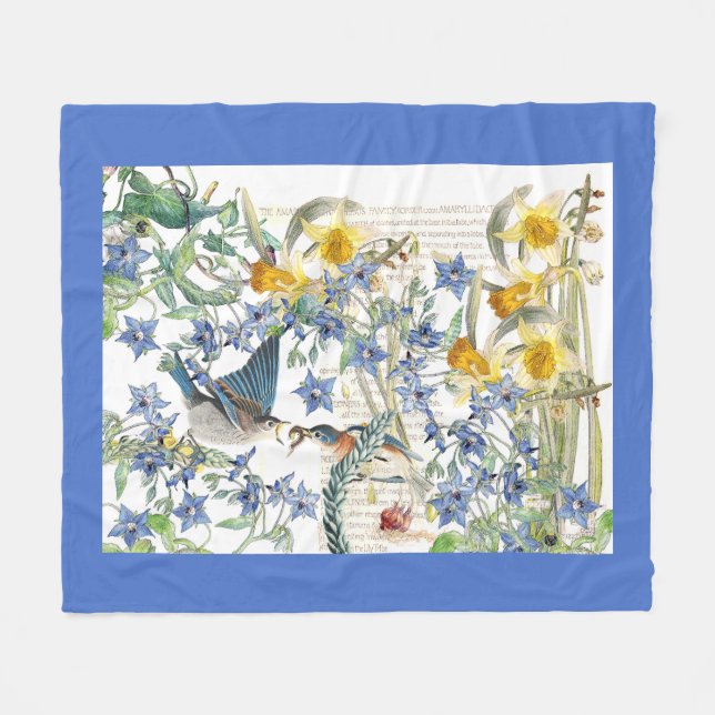 Audubon Bluebird Birds Flowers Fleece Blanket (Front (Horizontal))