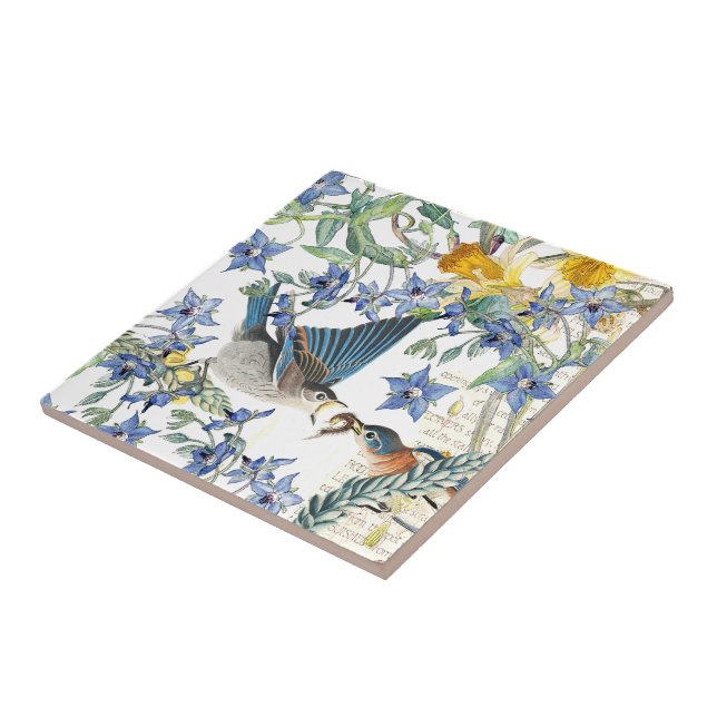 Audubon Bluebird Birds Narcissus Flowers Tile (Side)