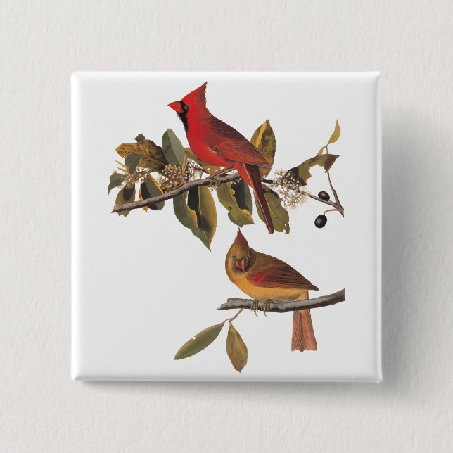 Audubon Cardinal Pair in Wild Almond Tree 15 Cm Square Badge (Front)