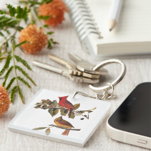 Audubon Cardinal Pair in Wild Almond Tree  Key Ring