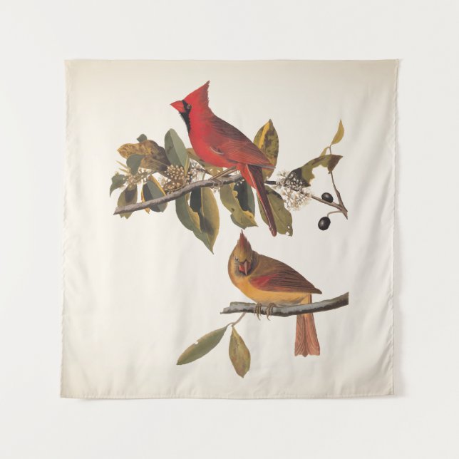 Audubon Cardinal Pair in Wild Almond Tree  Tapestry (Front)