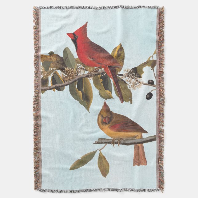 Audubon Cardinal Pair in Wild Almond Tree Throw Blanket (Front Vertical)