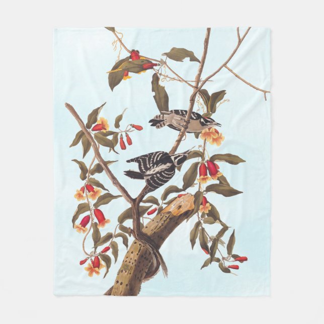 Audubon Downy Woodpecker Couple with Flowers Fleece Blanket (Front)