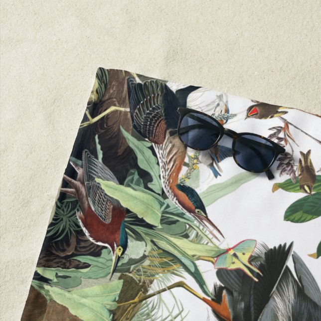 Audubon Heron Birds Wildlife Floral Beach Towel (In Situ)