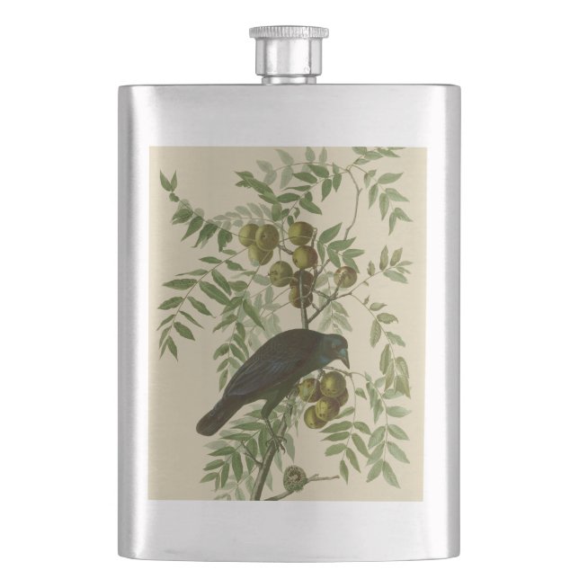 Audubon Purple Grackle Bird Print Vintage Botanic Hip Flask (Front)