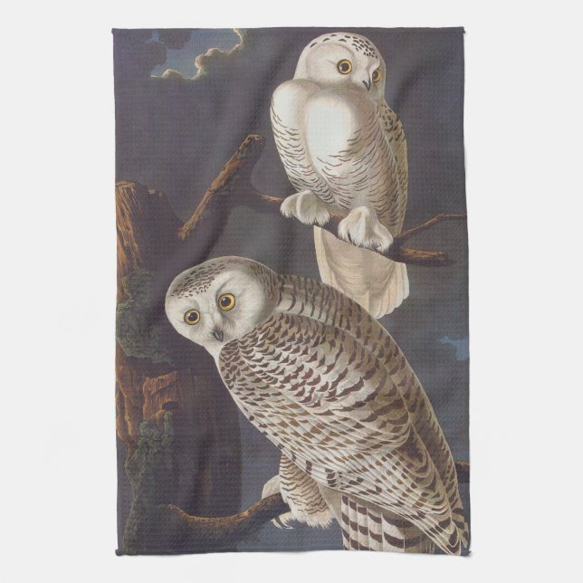 Audubon Snowy White Owls on a Dark Cloudy Night Tea Towel (Vertical)