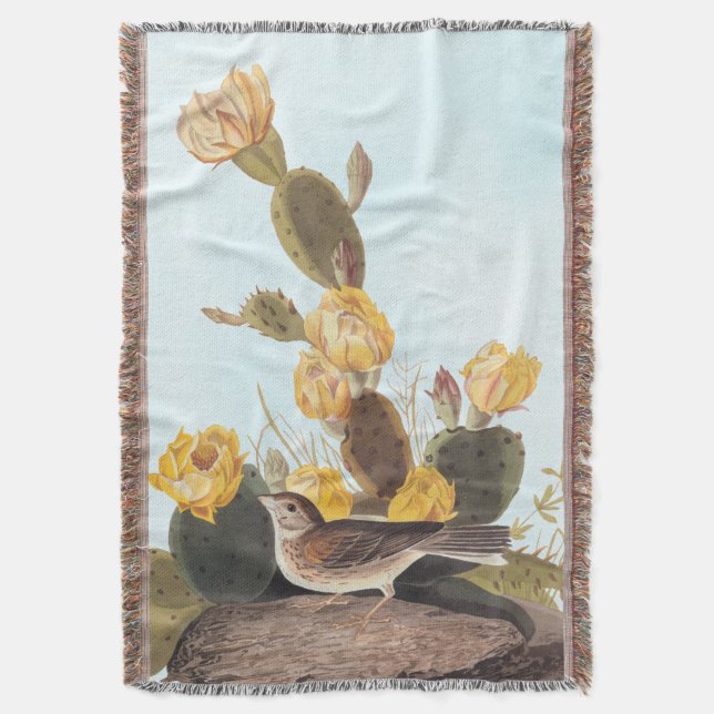 Audubon Vesper Sparrow and Prickly Pear Cactus Throw Blanket (Front Vertical)