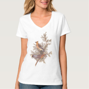 Audubon's Cedar Waxwing Bird Pair on Evergreen T-Shirt