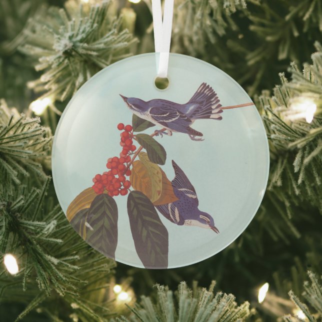 Audubon's Cerulean Warbler Bird Pair with Berries Glass Tree Decoration (Insitu)