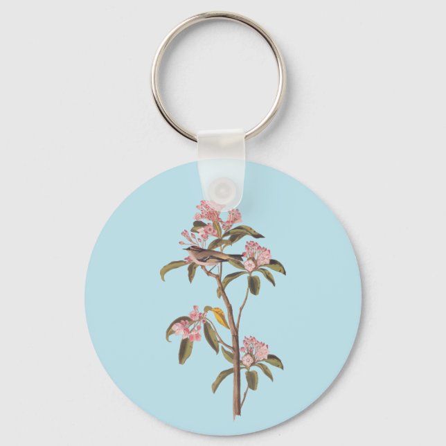 Audubon's Cuvier's Kinglet Bird on Pink Calico Key Ring (Front)