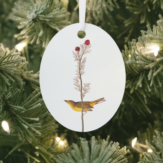 Audubon's Hooded Warbler Bird on Red Flower Metal Tree Decoration (Insitu)