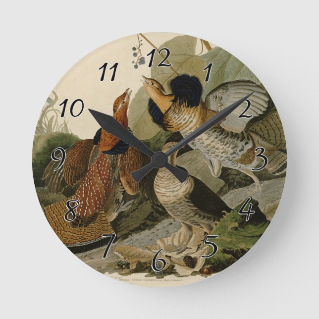 Audubon's Painting of a trio of Ruffed Grouse Round Clock (Front)