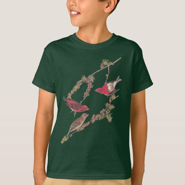 Audubon's Purple Finch Red Bird on Black Larch T-Shirt (Front)