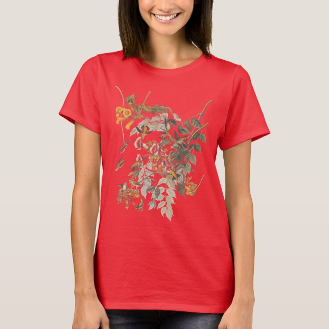 Audubon's Ruby Throated Hummingbird and Flowers T-Shirt (Front)
