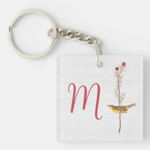 Audubon's Yellow Bird on Flower with Monogram Key Ring