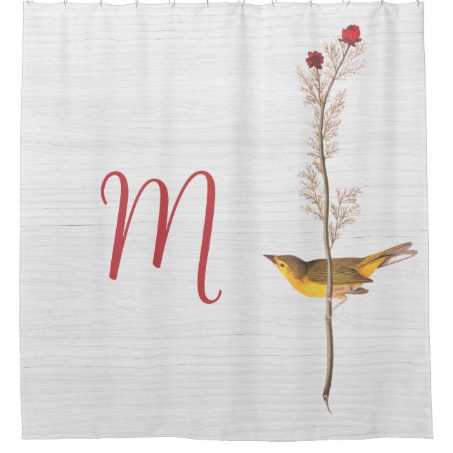 Audubon's Yellow Bird on Flower with Monogram Shower Curtain (Front)