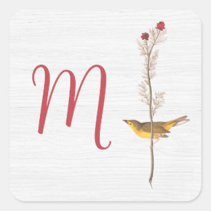 Audubon's Yellow Bird on Flower with Monogram Square Sticker