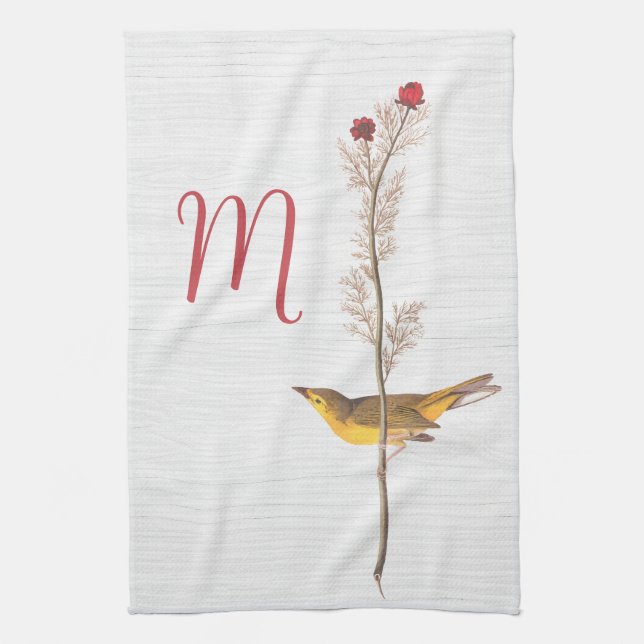Audubon's Yellow Bird on Flower with Monogram Tea Towel (Vertical)