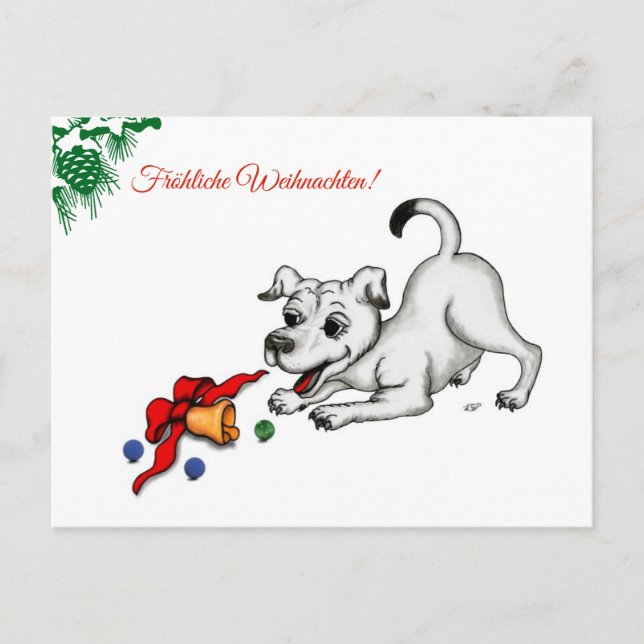 auf Deutsch Weihnachten mit Welpe Glocke und Ball Holiday Postcard (Front)