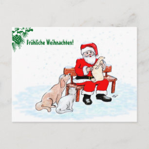 auf Deutsch Weihnachtsmann mit Hund und Katze Holiday Postcard