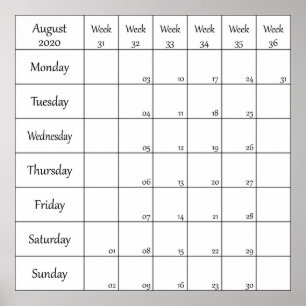 august 2020 planner calendar with week number poster