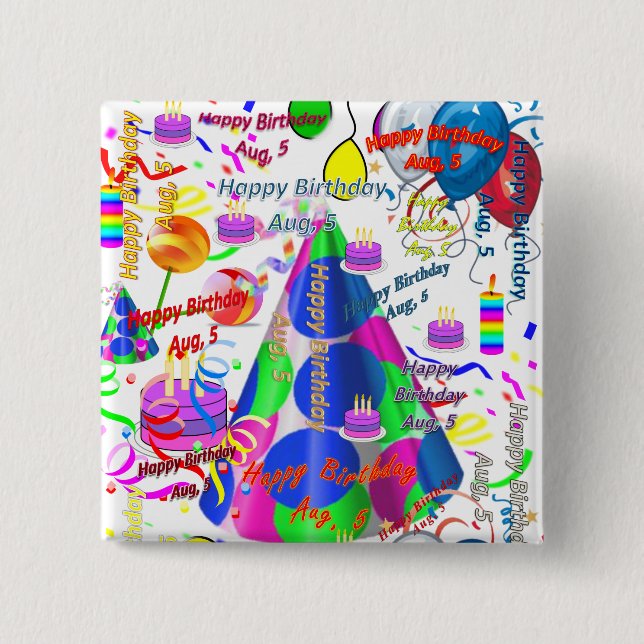 August, 5 Birthday Square Button (Front)