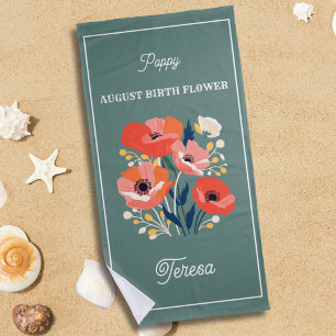 August Birth Flower Custom Name Beach Towel