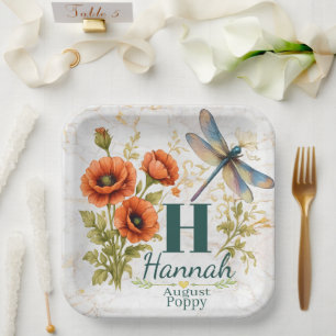 August Birth Flower Poppy & Dragonfly Paper Plate