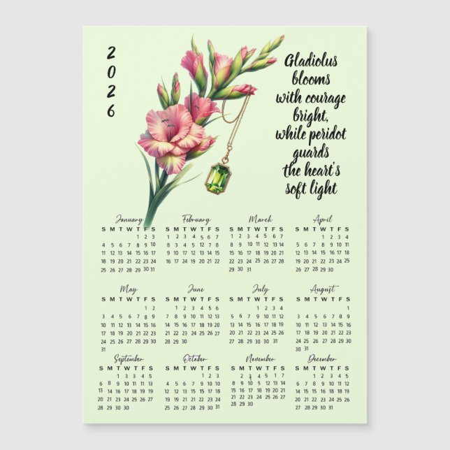 August Birth Flower & Stone Calendar  (Front)