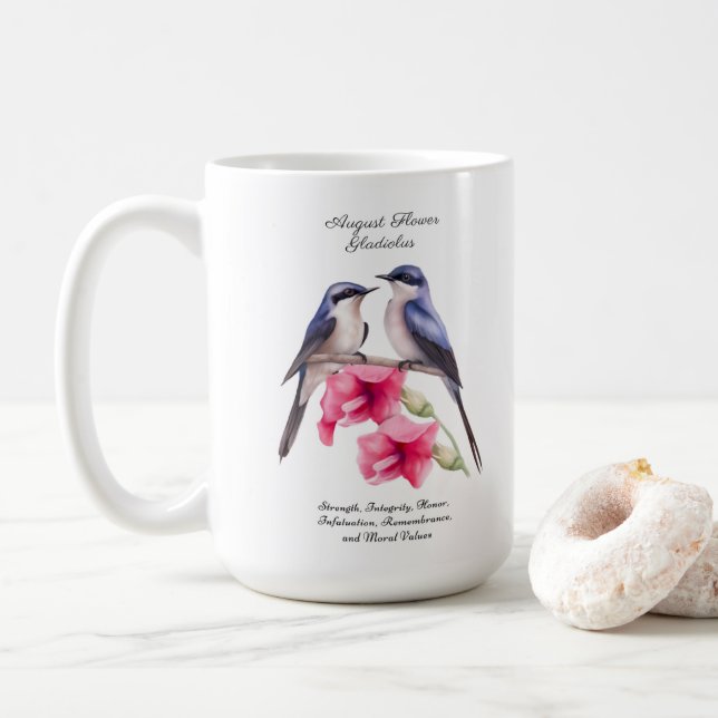 August Birth Month Flower Gladiolus with Birds Coffee Mug (With Donut)